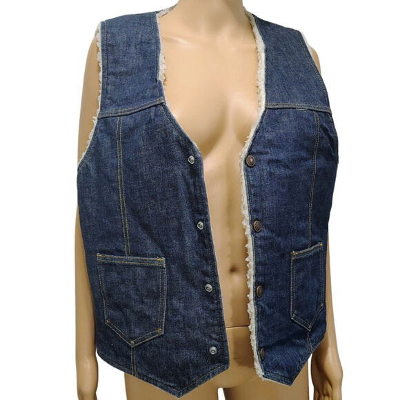 1960s Blue Denim Western Sherpa Vest Seams Brass Snaps Closure Pockets Size Med - Picture 3 of 9